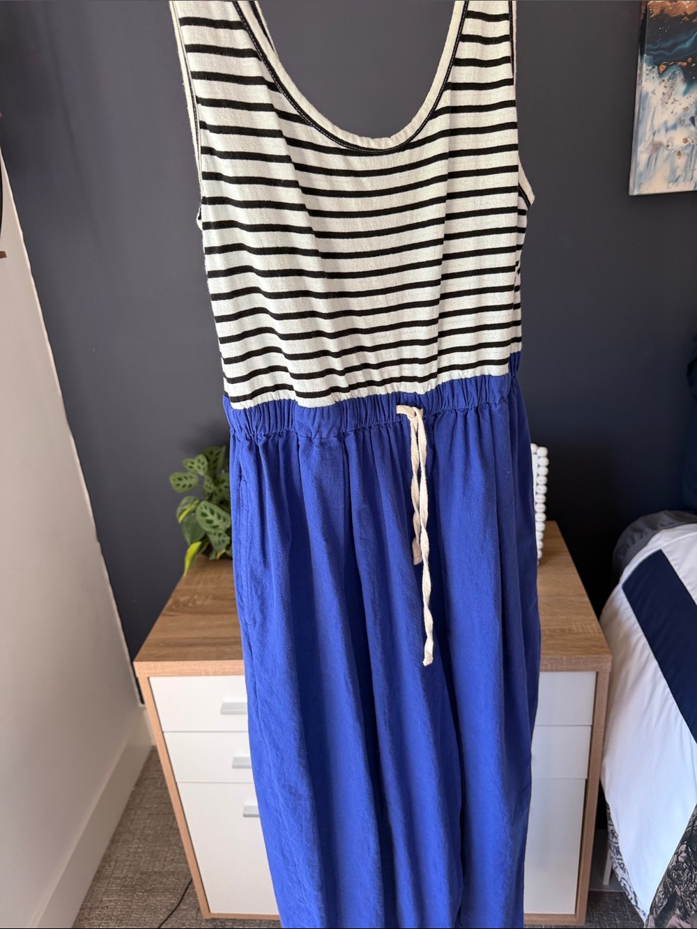 NWOT (never worn) Free People One Piece woman’s Black & White Top with Royal blu